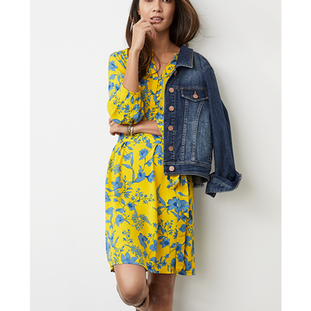 Cabi Lemon Drop Dress Womens Size XL Yellow Blue Floral 3/4 Sleeve A-Line Shift